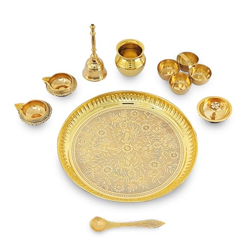 Image of BENGALEN Brass Pooja Thali Set 8 Inch Puja Thali with Pital Plate Kalash Haldi Kumkum Stand Dhup Dan Kuber Diya Ghanti Palli Arti Thali for Diwali Home Office Mandir Wedding Return Gift Items