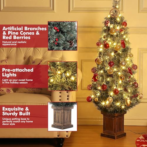GAOMON 4.5ft Christmas Tree 2 Set with 100 Warm White Led Lights, Pre-Lit Snow Flocked Christmas Tree with Vintage Potted Base, Holiday Xmas Tree with Red Berries, Decoration for Home, Entrances