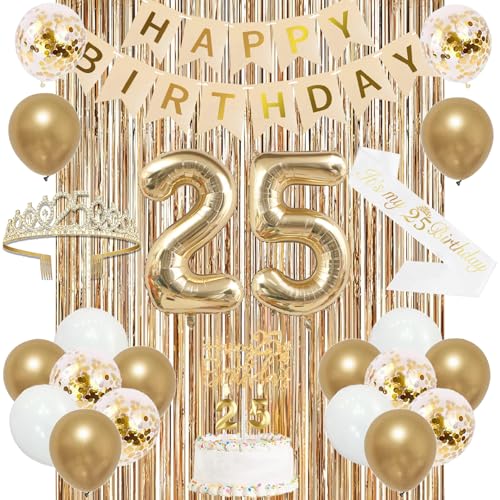 Image of Trgowaul 25th Birthday Decorations for Women, Banner, Sash and Crown, Cake Topper, 25 Number Balloon, Fringe Curtains, Champagne Gold 25th Birthday Party Supplies