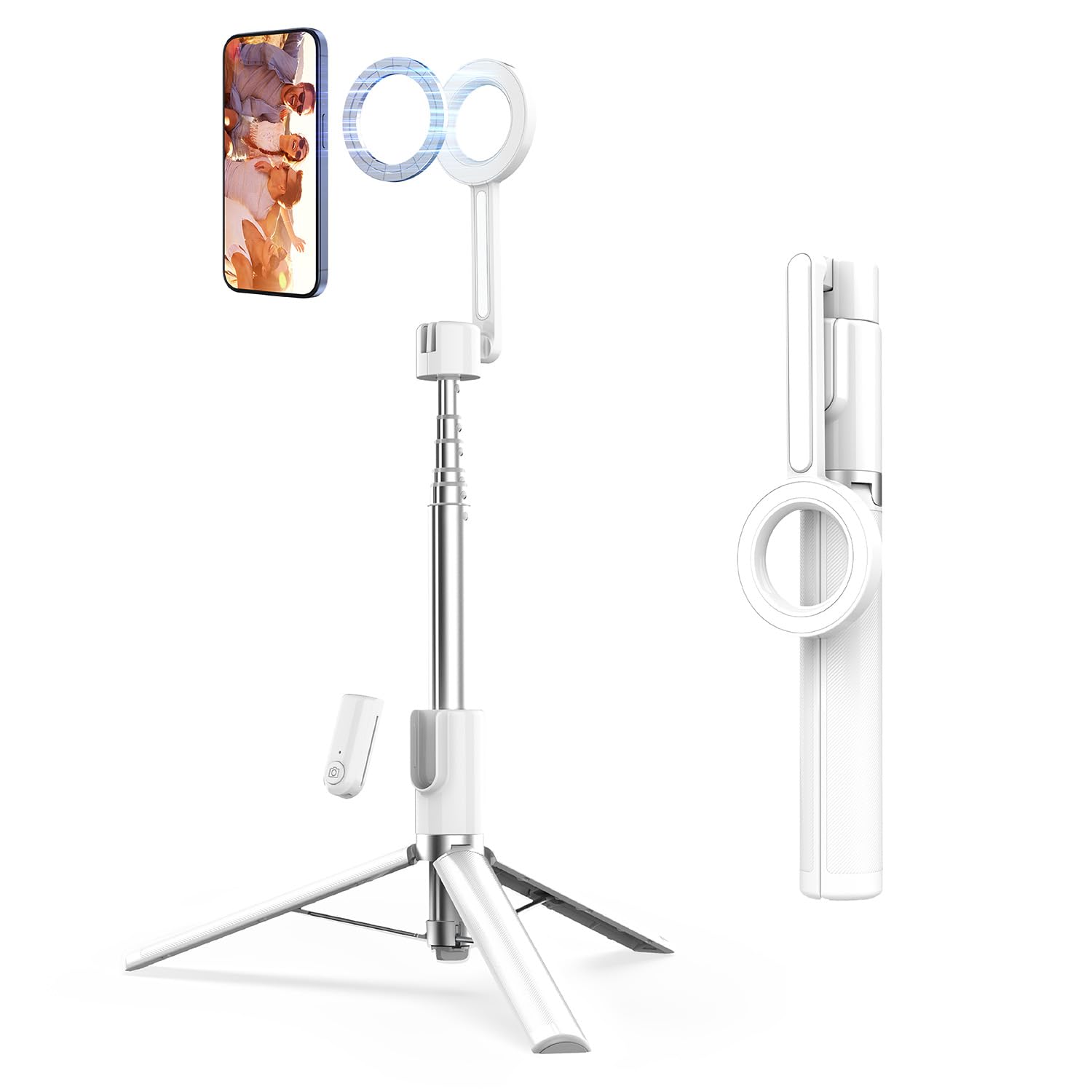 SEAJIC - Trípode magnético para iPhone Selfie Stick con control remoto y anillo de metal, teléfono para grabación de video, soporte de teléfono celular para teléfono celular (blanco, 54 pulgadas)