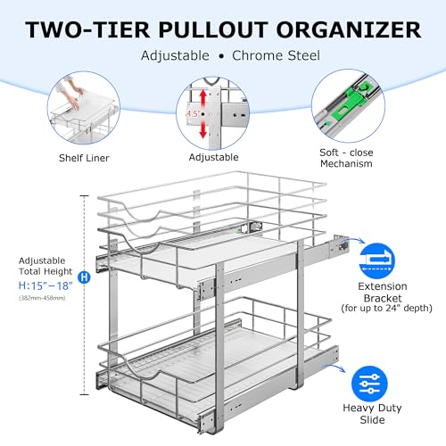 WelFurGeer 2-Tier Kitchen Cabinet Pullout Shelf and Drawer Organizer, Soft Close Pantry Pull Out Shelves, Heavy Duty Pull Out Cabinet Organizer with Shelf Liner for Kitchen Cabinets, Pantry Storage - Image 5