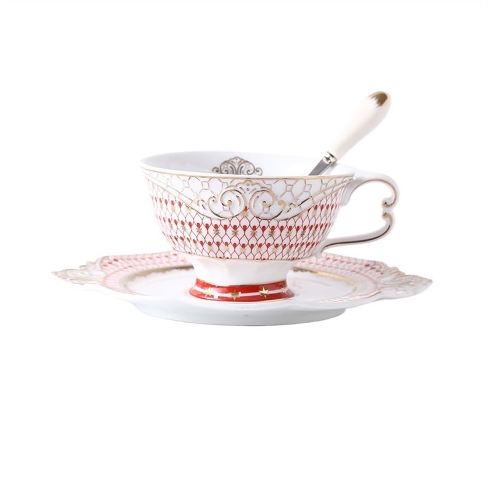 Tasse Tasses Tasse à café en céramique de luxe légère 200ml, tasse thé fleurs Style anglais, ensemble soucoupes avec cuillère(Red)