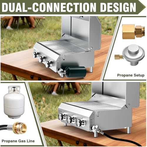 Image of Bestfire 3-Burner Tabletop Propane Gas Grill with Dual Connections, 30,000 BTU Portable Propane Grill Fits Large Cylinders & Small Canisters, Stainless Steel Knobs, Compact Design for Camping, RV, BBQ