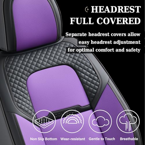Image of Coverado Car Seat Covers Full Set, 5 Piece Car Seat Protector with Removable Headrest, Nappa Leather Breathable Front Rear Seat Cushion Side All Wrapped Universal Fit Truck Most Cars Purple