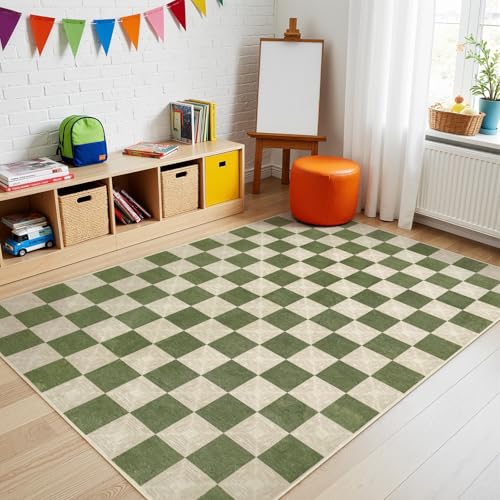 Tapete verde cuadros 5x7 ft lavable y antideslizante miniatura 4