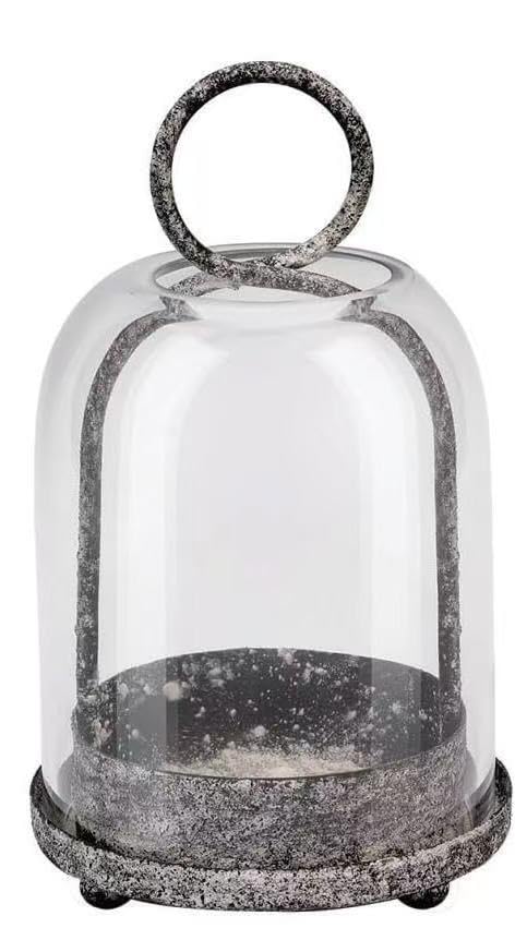 5"x7.5" Versatile Modern Metal Hurricane Lantern with Handmade Sturdy Glass Dome in Rustic Black for 3" Pillar Candle & Plants, Industrial, Farmhouse, Shabby Chic