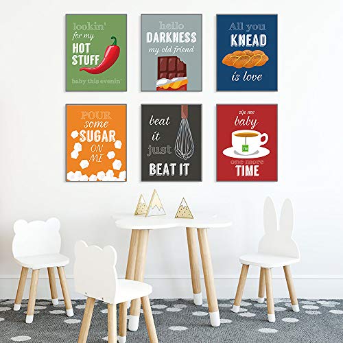 6 Set- Colorful Funny Kitchen Quote Art Print, Dessert Vegetables Tea with Motivational Saying Canvas Wall Art Printing For Kitchen Cofee Shop Decoration (Unframed,8