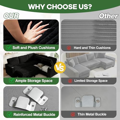 Image of Oversized Sectional Couch, L Shaped Corduroy Couch for Living Room, Sectional Sleeper Sofa with Pull Out Bed, Convertible Sofa Bed for Living Room, Bedroom and Apartment, Black