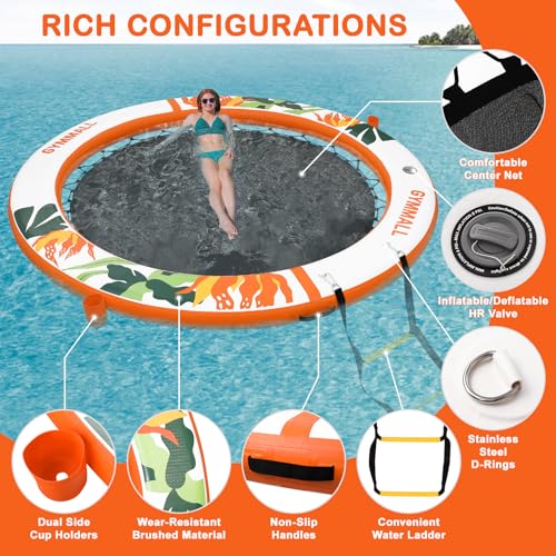 Image of Inflatable Water Hammock Floating Dock 8 FT with Mesh, Tanning Pool Raft Round Ring for Adults, Float Platform for Lake and Beach with Water Ladder and Cup Holder