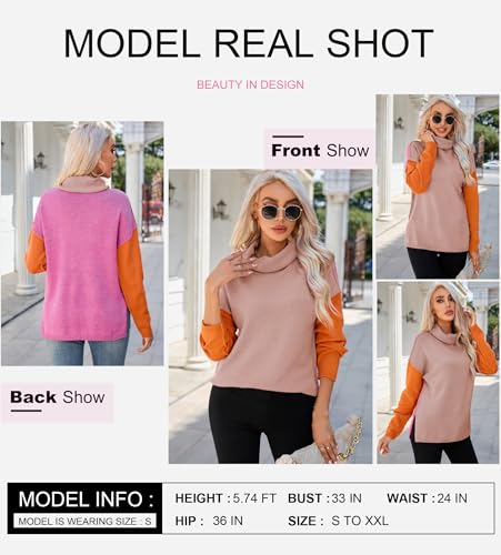 Dokotoo Womens Turtleneck Sweaters Casual Long Sleeve Color Block Side Slit Pullover Knit Jumper Tops2