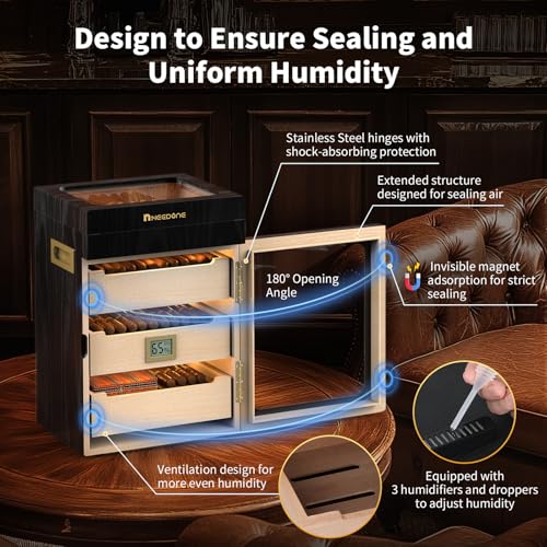 NEEDONE Cigar Humidor, Desktop Humidor Box Case, Wooden Cabinet for 150 Counts w/ 3 Humidifier, 3 Spanish Cedar Wood Drawer, Hygrometer, LED Lighting Cigar Accessories, Gifts for Men Father\'s Day