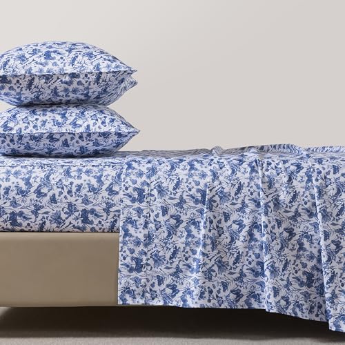 Image of FADFAY Blue Toile Sheets Set Cal King French Country Farmhouse Bedding Vintage Butterfly Floral Bedding 100% Egyptian Cotton Soft Sheet Set with Deep Pocket Fitted Sheet 4Pcs, California King Size