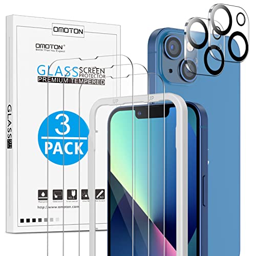 OMOTON Screen Protector for iPhone 13, 3 Tempered Glass Screen Protectors and 2 Camera Lens Protectors with Installation Alignment Aid, Anti-Scratch, Bubble-Free, 9H Hardness, HD Clear, 6.1 inches
