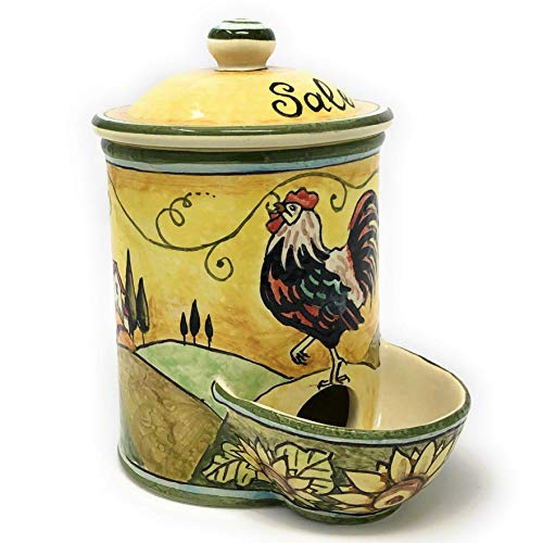 CERAMICHE D'ARTE PARRINI- Italian Ceramic Jar Salt Holder Decorated Rooster Landscape Hand Painted Made in ITALY Tuscan Art Pottery