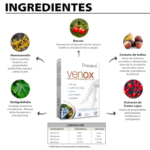 Miniatura 4 de Drasanvi Venox Ayuda A Mejorar La Circulación, Hammamelis, Castaño De Indias Y Ruscus, Alta Concentración De Polifenoles, Vid Roja, Arándanos Y Grosellero Negro, Reforzado Con Vitaminas ,45 Cáps
