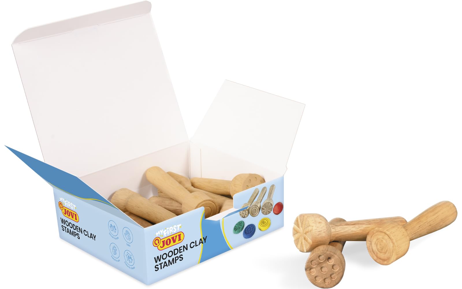 Jovi Plastilina baby - 12 sellos de madera en 3 diseños diferentes herramientas de modelaje para niños a partir de 12 meses