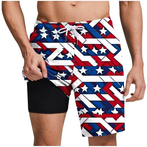 4th of July Board Shorts for Men American Flag Graphic Elastic Waist Quick Dry Swim Trunks with Compression Liner