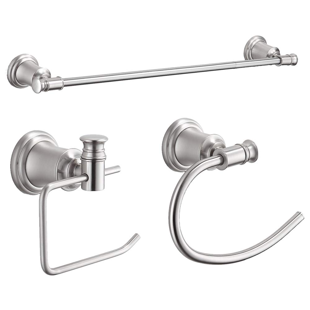 Cavoli 3-Piece Bathroom Accessories Set Wall Mounted,Toilet Paper Holder,Towel Ring, Adjustable Towel Bar(18’’-24’’),Zinc Alloy,Brushed Nickel