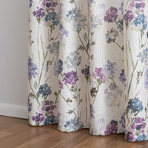 Image of MYSKY HOME Floral Linen Curtains 84 inch Long 2 Panels Set for Living Room Semi Sheer Light Filtering Privacy Protect Farmhouse Grommet Drapes, Purple, 52 inch Wide Each Panel, 2 Pcs