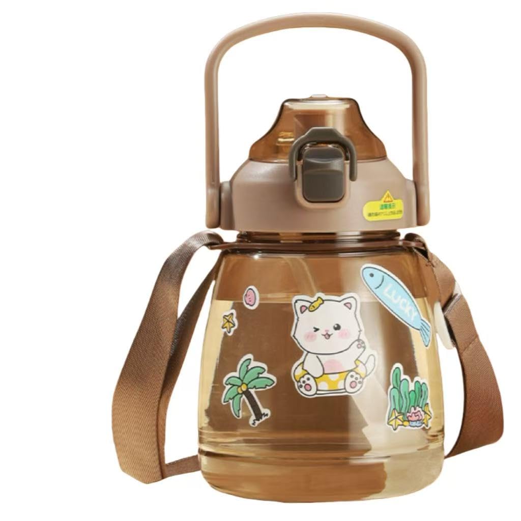 Kids Water Bottle with Straw Cute Cartoon Design Double Drinking Spout Portable Handle DIY Stickers The patterns are