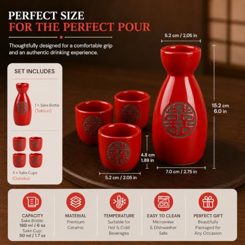 Image of Japanese Ceramic Sake Set - 5 Piece Crimson Red Design Porcelain Sake Set with 1 Sake Bottle (Tokkuri) & 4 Sake Cups | Japanese Wine Set for Drinks, Shochu & Home Bar | House Warming | Gift Set