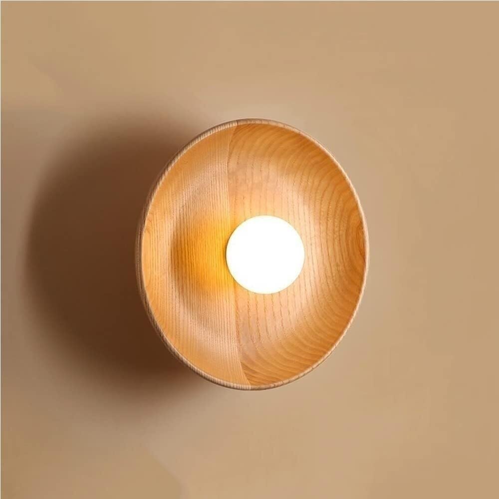 HUAYUSEDF Modern Natural Wooden Wall Sconce Globe Glass Lamp for Bedroom Living Room Hallway Bedside and Stairway Lighting(Walnut,18cm/7.08in)(Log,28cm/11in)