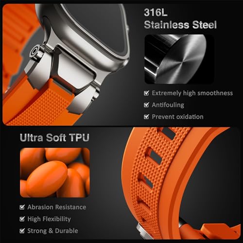 Image of ULTIMAL Rugged Band for Apple Watch Ultra 3 /2 /1 49mm, Series 11 /10 /9 /8 /7 /6 /5 /4 SE 46mm /45mm /44mm, Waterproof, Soft TPU Strap with Stainless Steel Buckle & Connectors, Sweat-Resistant, Easy to Clean, Fits 155-225mm Wrist (Titanium /Orange)
