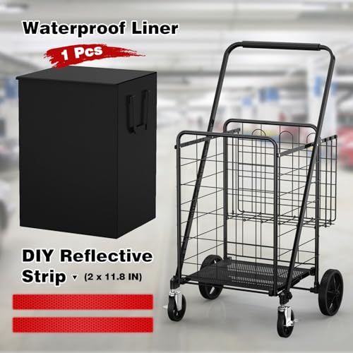 Large Folding Shopping Cart with Swivel Wheels & Brakes - 420lbs Foldable Rolling Grocery Cart with Double Basket & Waterproof Liner, Portable Heavy Duty Utility Carts for Laundry
