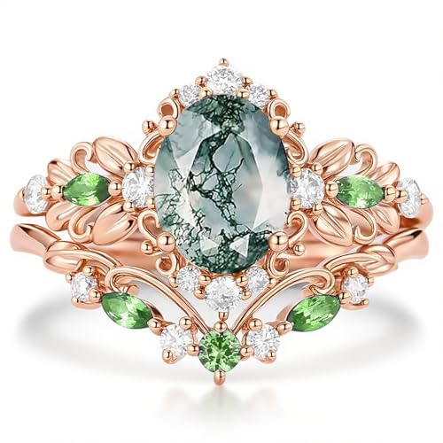 Natural Moss Agate Engagement Ring Set 925 Sterling Silver/10K Gold Rose Gold Anniversary Promise Moss Agate Jewelry Women's Exclusive Ring for Mother or Wife
