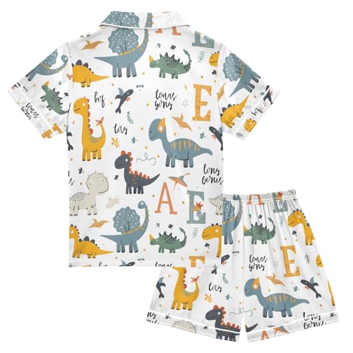 ALAZA Dinosaur Alphabet White Pajamas Satin Pajama Set Short Sleeve Button Down Sleepwear2