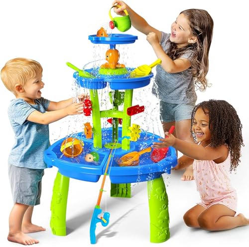 CozyBomB Table Eau Sable Enfant Exterieur 3 Niveaux – Jeux d'eau avec Roue Hydraulique, Jeu de Pêche & Arrosoir | Jouet Exterieur Enfant 1 2 3 4 5 Ans, Set 23 Pièces