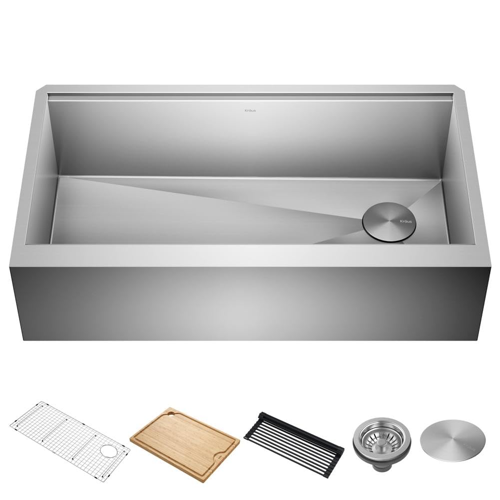 Kore 36-Inch Modern Farmhouse Workstation 16 Gauge Single Bowl Stainless Steel Kitchen Sink with Accessories, KWF410-36