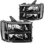 SOCKIR Headlight Assembly Compatible with GMC 2007-2013 Sierra 1500 / 2007-2014 Sierra 2500HD 3500HD / 09-13 Sierra Hybrid Passenger & Driver Side (Black Housing with Clear Reflector)