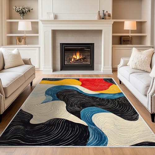 Best Color Rug for Blue Couch: Top Picks for Stylish Living Rooms 5 5x7 Colorful Area Rug Modern Abstract Black White Blue Beige Red Yellow Bedroom Rug Soft Low Pile Thin Large Carpet Living Room Non Slip Dining Room Stain Resistant Office Washable Machine