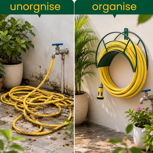 Image of Urban Plant Wall Mount Hose Hanger | Heavy-Duty Watering Hose Reel Holder for Garden, Outdoor, and Garage | Durable Metal Storage Hook for Hose Organization (Green)