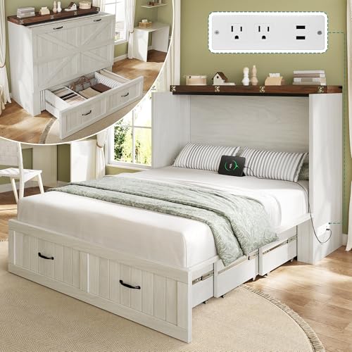 YITAHOME Full Size Murphy Bed with Charging Station, Cabinet Bed with Large Storage Drawer, Farmhouse Multi-Functional Murphy Cabinet Bed Frame for Bedroom or Guest Room, Noise-Free, Rustic White