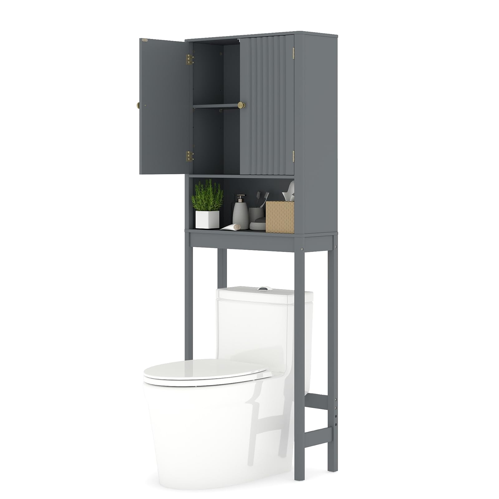 LIFEZEAL Armadietto portaoggetti per bagno, mobile portaoggetti alto sopra il WC con ante ripiani regolabili e barra inferiore, mobile salvaspazio per bagno (grigio)