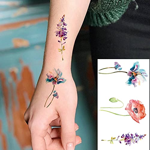 COKTAK 12Pieces/Lot 3D Watercolor Lavender Flower Temporary Tattoos For Women Body Art Arm Fake Flora Adults TattooSticker Waterproof Girls Tatoos - Thumbnail 2