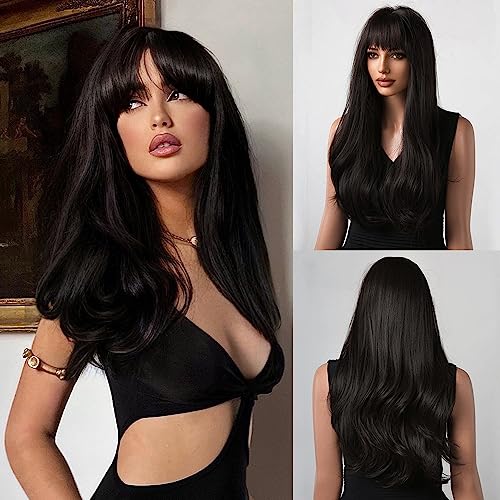 Honygebia Black Wig with Bangs, Natural Black Wigs for Women Long Straight Wavy Synthetic Hair