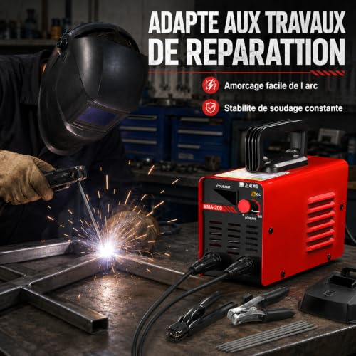 Risegun Poste à souder à électrodes MMA 200A, Poste à souder à l’arc 220V avec écran LED, Kit avec casque de soudage, marteau à scories, brosse avec Hot Start, Arc Force & Anti-Stick, kit complet – vue 7