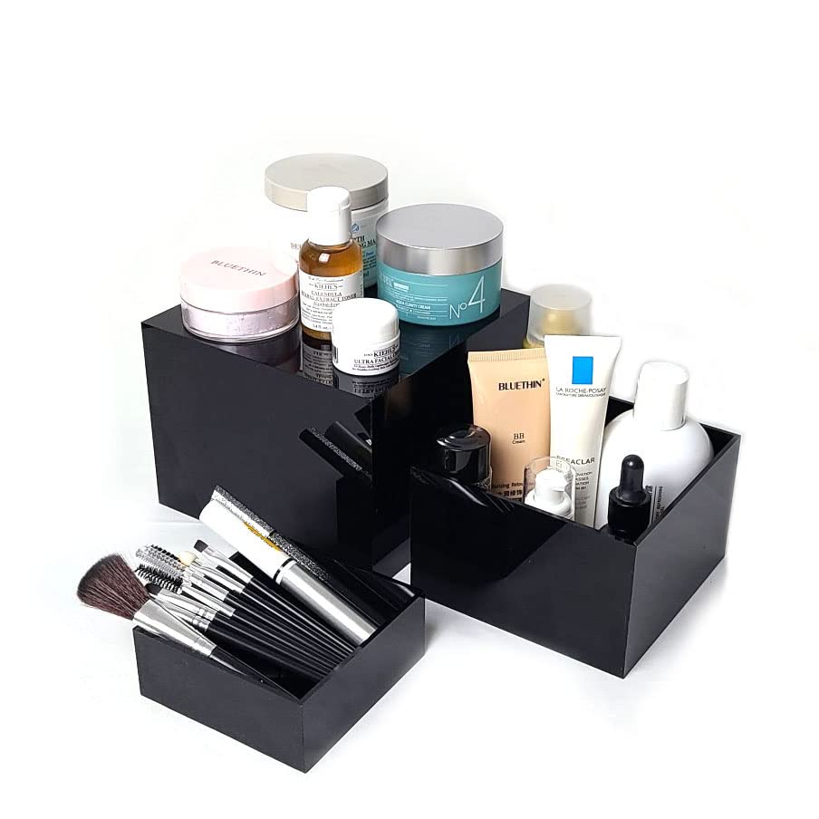 RICIPUSO 3 Pcs Large size Square Risers for Display, Ornament and Cakes Black Display Stand, Box Case for Collectibles, Perfume and Daily Necessities Organizers