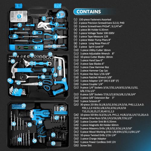 Image of KingTool 276-Piece Tool Set Kit with 12V Cordless Power Drill (Blue)
