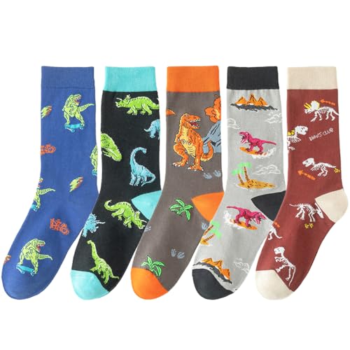 WIASLTS 5 Pairs Novelty Cartoon Print Cotton Crew Socks for Adult Women Teens (US Alpha One Size Regular Regular Dinosaur Pattern)
