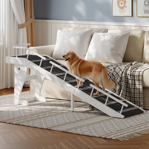 HOOBRO Dog Ramp for Bed, Large Wooden Pet Ramp for Dogs with Non-Slip Carpet Surface, Safety Rails, and Top Platform, 70.9" x 15.7" x 23.6", White and Black BW18PT03G1 - Image 5