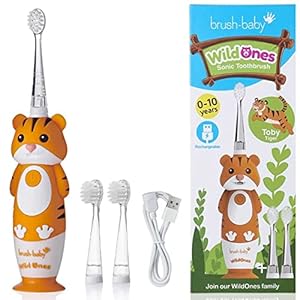 Brush-Baby WildOnes Kids Elektrische Oplaadbare Tandenborstel, 1 Handvat, Borstel Hoofd, USB Oplaadkabel, voor Leeftijd 0-10 (Tiger)