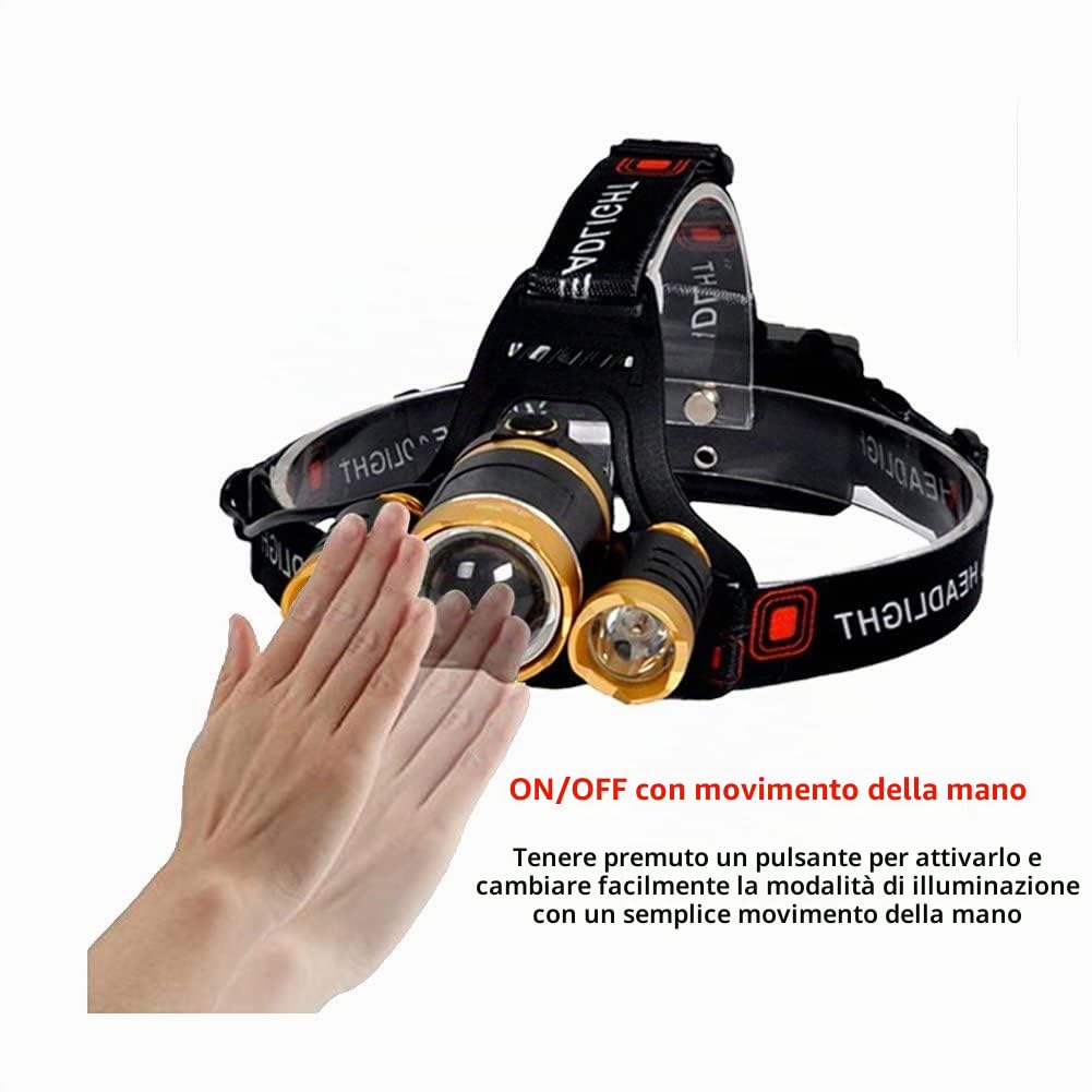 Torcia Frontale Ricaricabile Impermeabile, Aggiornata Super Luminosa 12000 Lumen Sensore Zoomabile Focus Regolabile Torcia Da Testa per Campeggio Pesca Escursionismo Caccia Corsa Cammino Ciclismo
