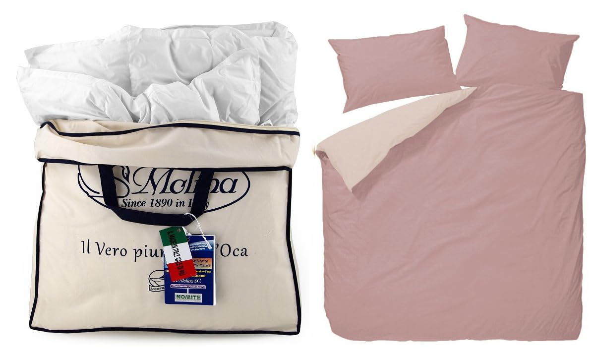 Molina Piumino Matrimoniale Perla 250x220 – 100% Piuma d’Oca Vergine Siberiana – 5 Punti Calore, Anallergico, Invernale Premium Made in Italy + copripiumino double-face var. (Rosa chiaro/Rosa scuro)