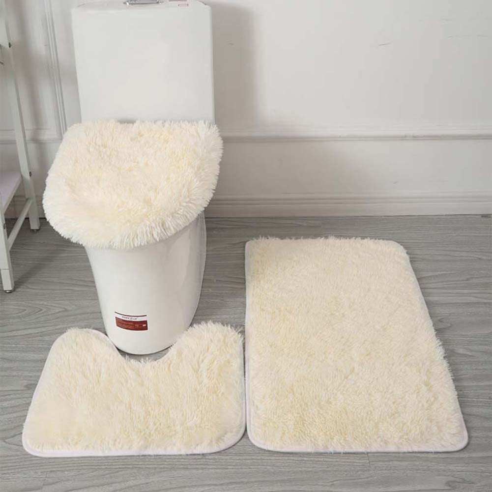 AYGCI Bathroom Rug Set of 3 Bath Mats Bath Set Bathroom Rugs Soft Anti Slip Soft Mats U-Shaped Contour Toilet Rug Bathmat and Toilet Lid Cover Beige