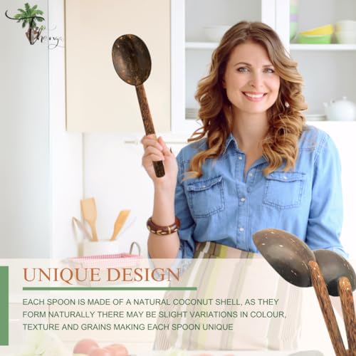 Image of Thenga Handmade Wooden Coconut Shell Serving Spoon Set - 33 cm | Eco-Friendly Kitchen Tools for Cooking & Serving | Safe for Non-Stick Pans & Clay Pots - Rustic Natural Utensils (Set of 2)