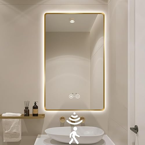 Vista 37 de Espejo de Baño LED Dorado, Espejo Inteligente de 36"x28" con Luces de Sensor de Movimiento por Infrarrojo, Anti Empañamiento, Regulable Sin